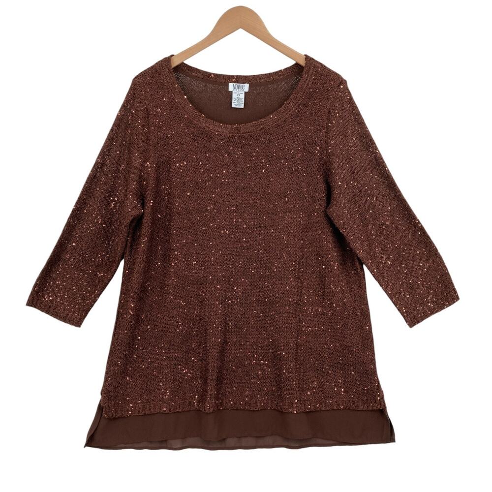 Monroe & Main Tunic Top Womens 2X Brown Sparkle Sequin Lined Slit Pullover